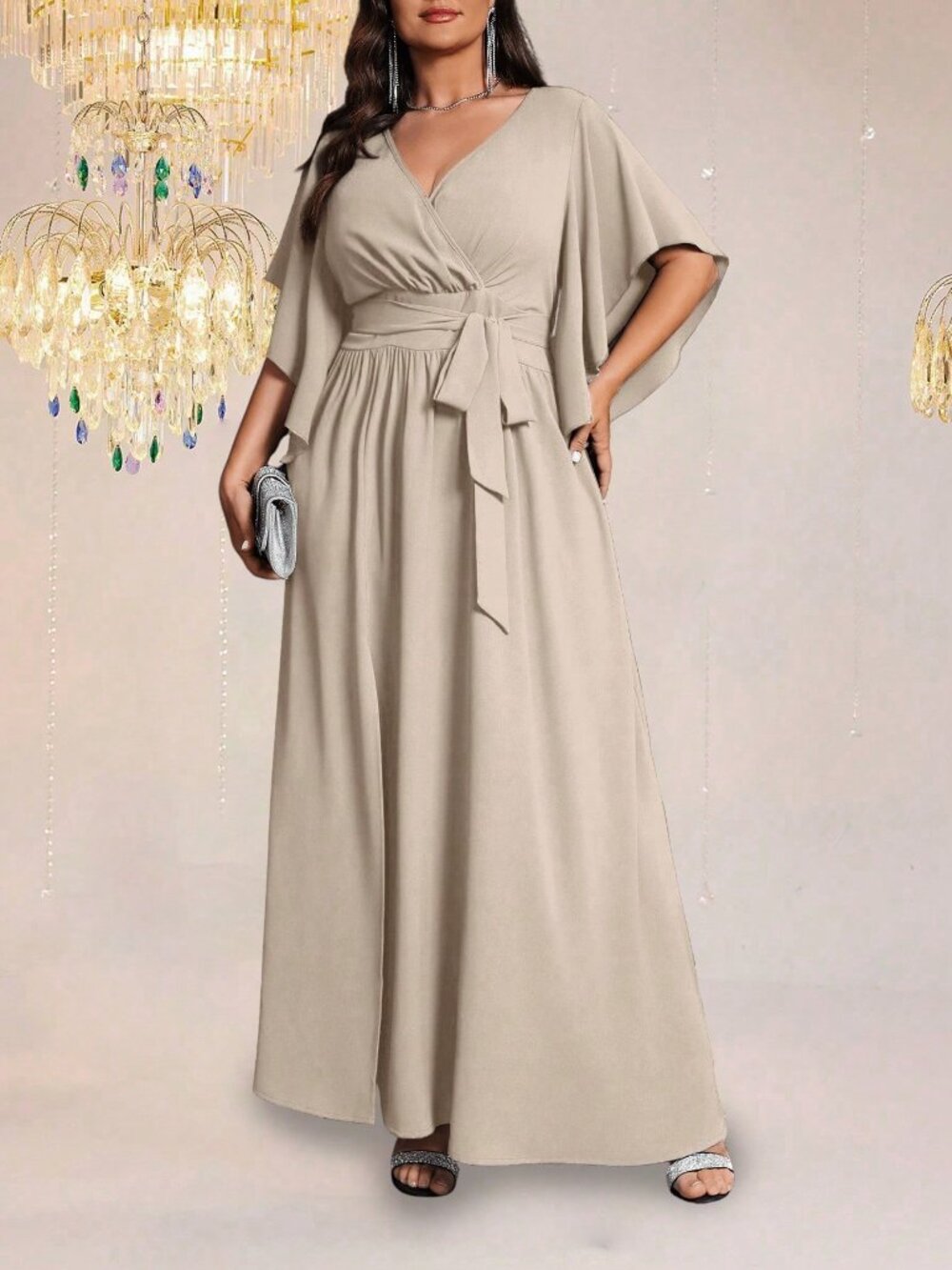 Apricot Elegant Women's Plus Size V Neck Flared Sleeve Party Dress - Picture 4 of 5